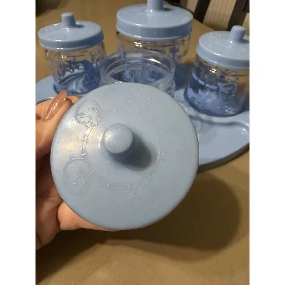 Baby Nursery Vanity Changing Table Glass Jar Set Tray Lids Pink 1950s Vintage - Picture 4 of 14